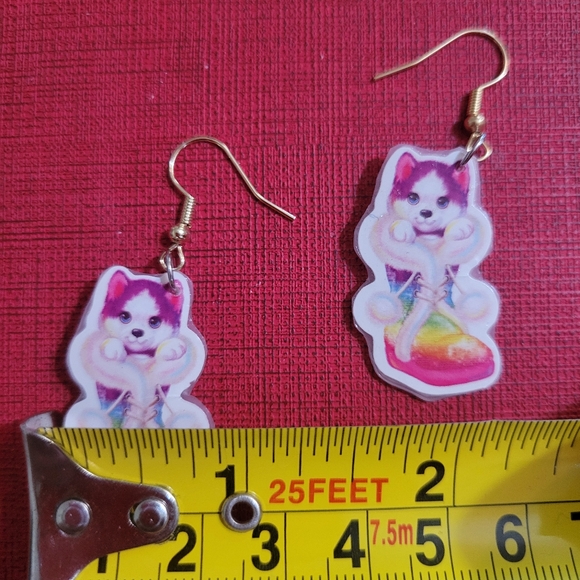 Lisa Frank Inspired Handmade Dangle Earrings  Upcycled Plastic with Cute Puppies - Picture 7 of 7
